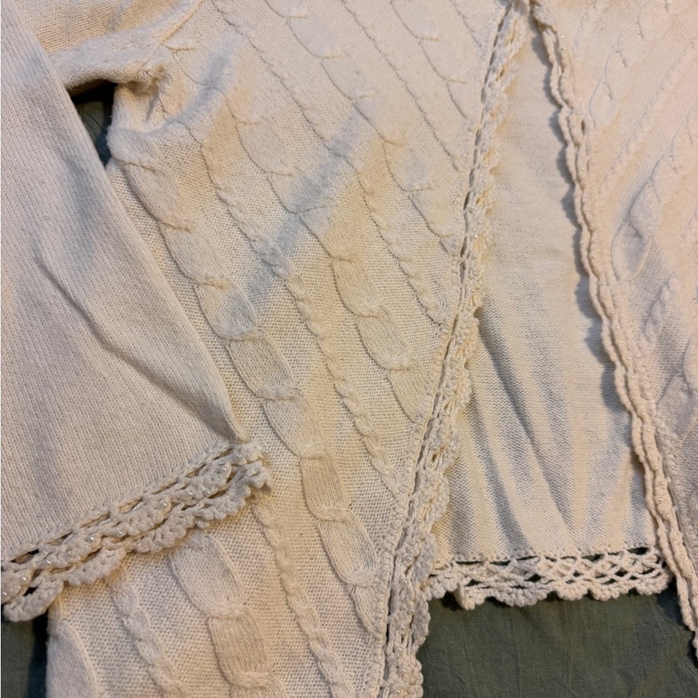 Coldwater Creek Beaded Crochet Trim Cardigan Pearl Button Cable Knit Ivory L - Picture 3 of 12